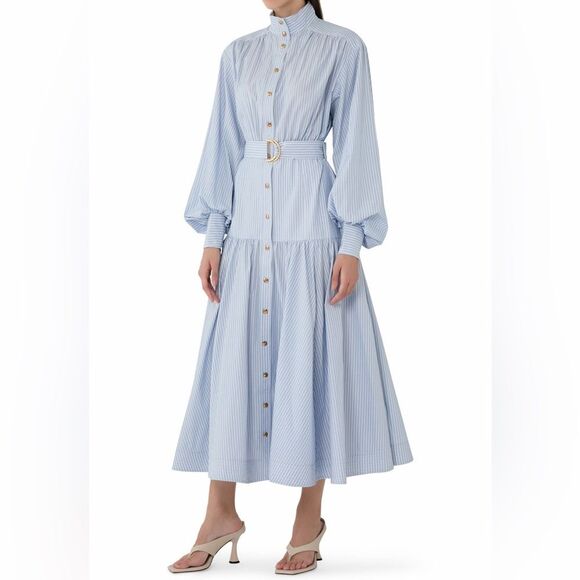 ZIMMERMANN Light Blue Striped Long Sleeve Utility Midi Dress, size 0 - Picture 5 of 16